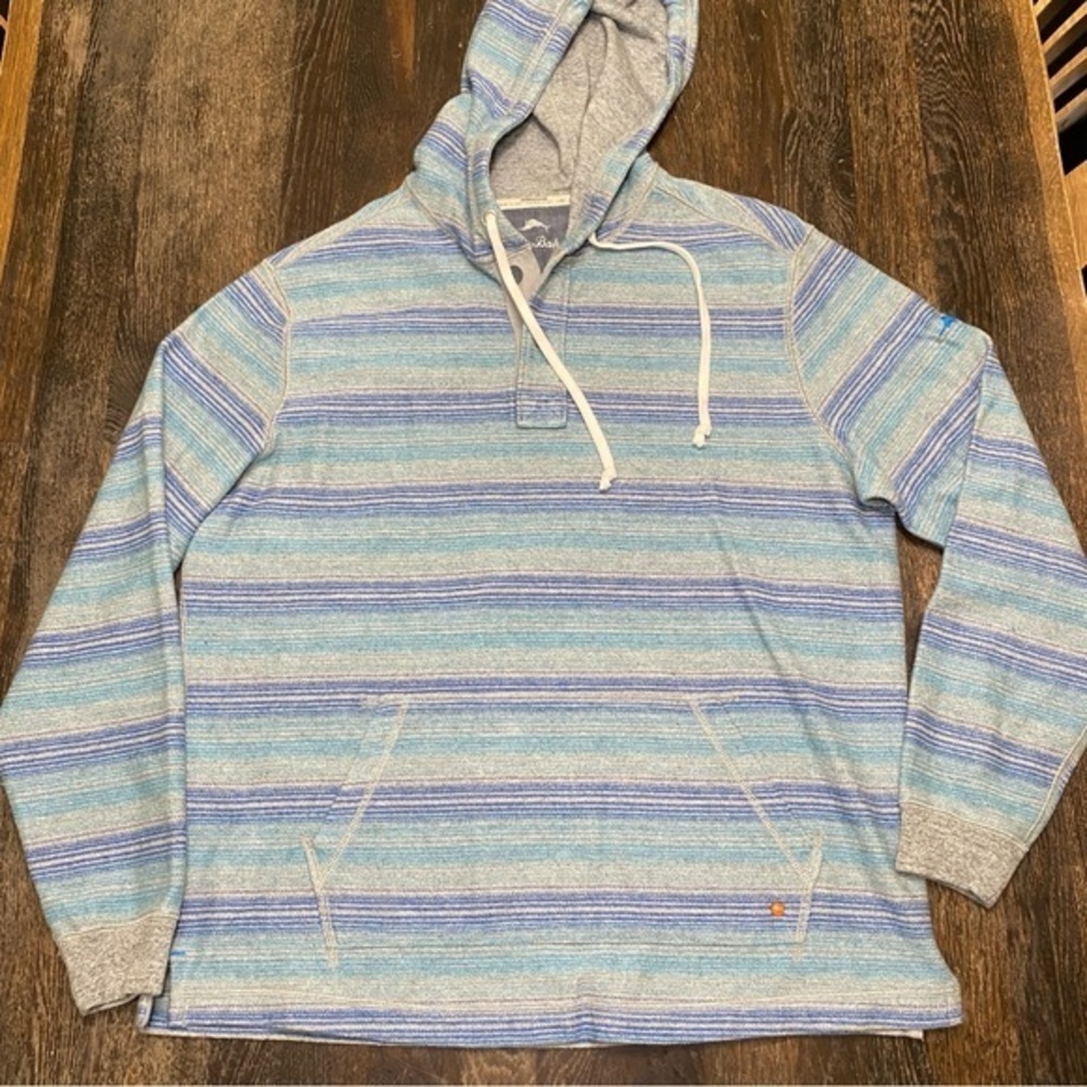 EUC Tommy Bahama BAJA HOODIE Unisex Medium Sweatshirt Blue Striped 100% Cotton
